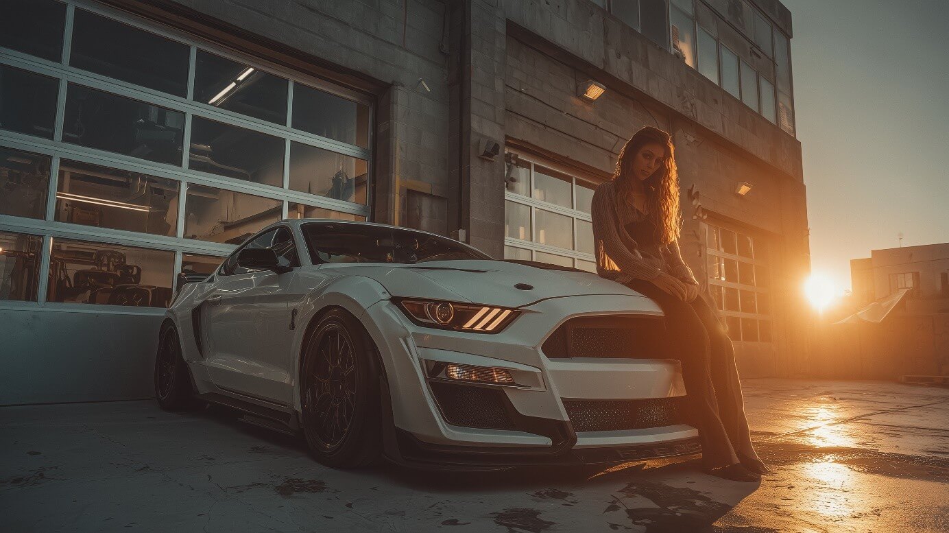 Frau sitzt auf der Motorhaube eines weißen Ford Mustang vor einer Werkstatt im Sonnenuntergang.