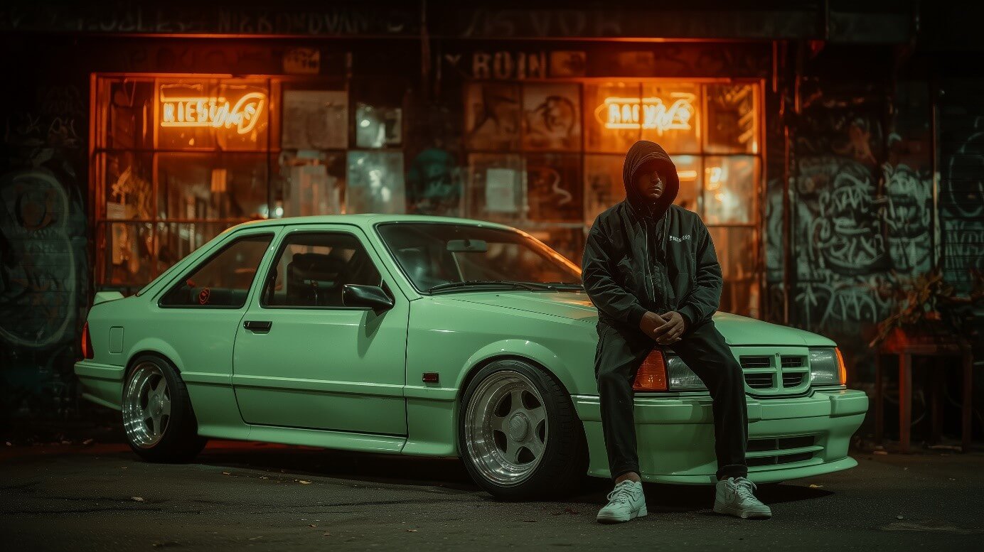 Junger Mann in schwarzem Hoodie posiert vor einem weißen Toyota Corolla AE86 mit eingeschalteten Klappscheinwerfern.